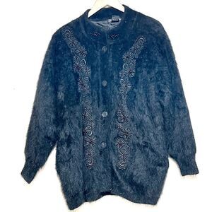 Lee Sands vintage Black Embroidered rabbit angora Hair Blend sweater coat Sz L
